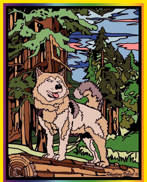 Samtbild, Color Velvet, Mittel, ca. 37x28cm, Wolf im Wald