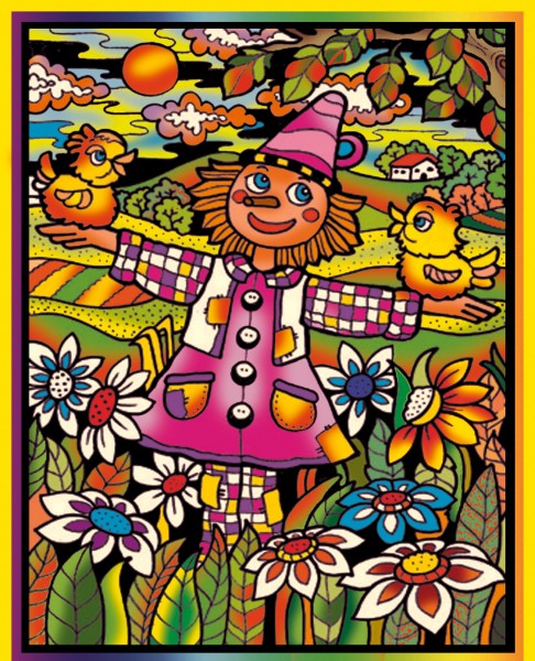 Samtbild, Color Velvet, Groß, ca. 47x35cm, Vogelscheuche lustig